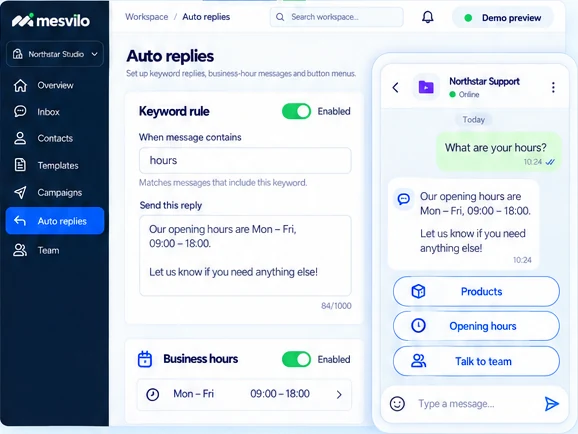 Auto replies — product preview with demo data