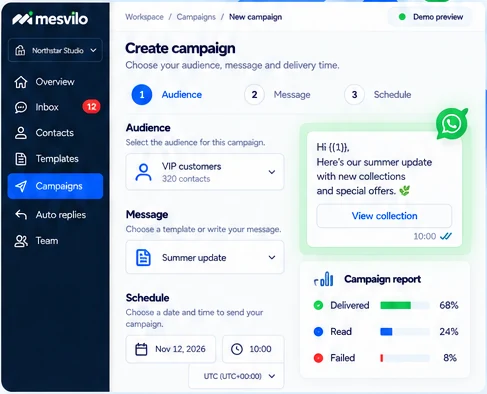 Campaigns & reports — product preview with demo data