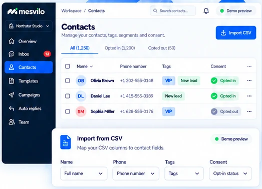 Contacts & segments — product preview with demo data