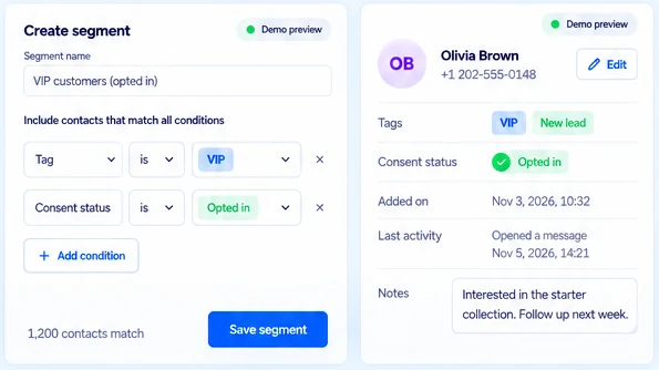 Contacts & segments — how it works, demo data