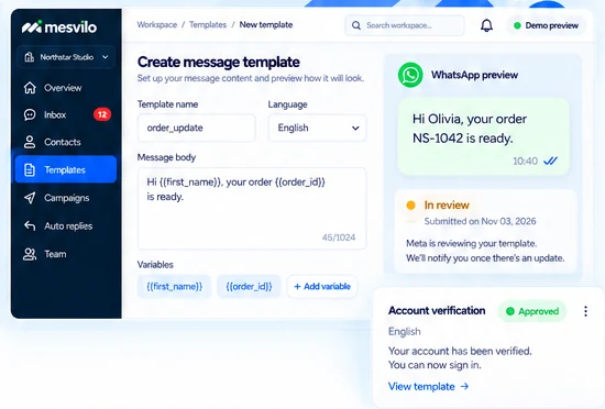 Message templates — product preview with demo data