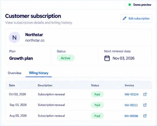 Subscriptions & payments — how it works, demo data