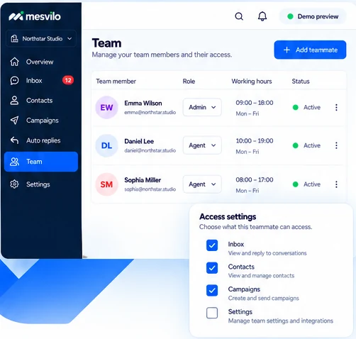 Team & permissions — product preview with demo data