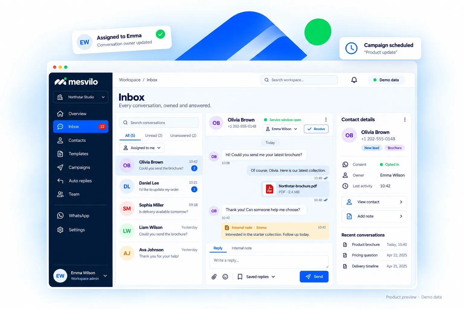 Mesvilo shared inbox with a conversation, internal note and contact details