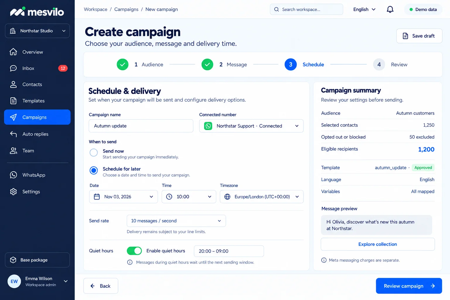 Four-step campaign builder with live audience counts
