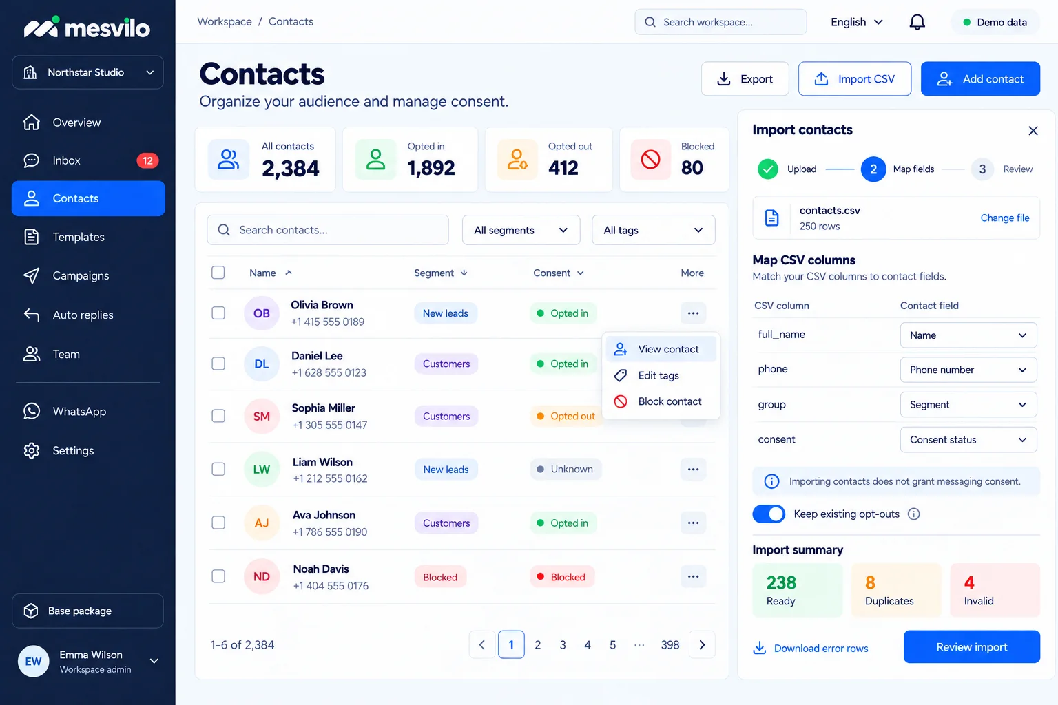 CSV import with mapping, duplicates and consent
