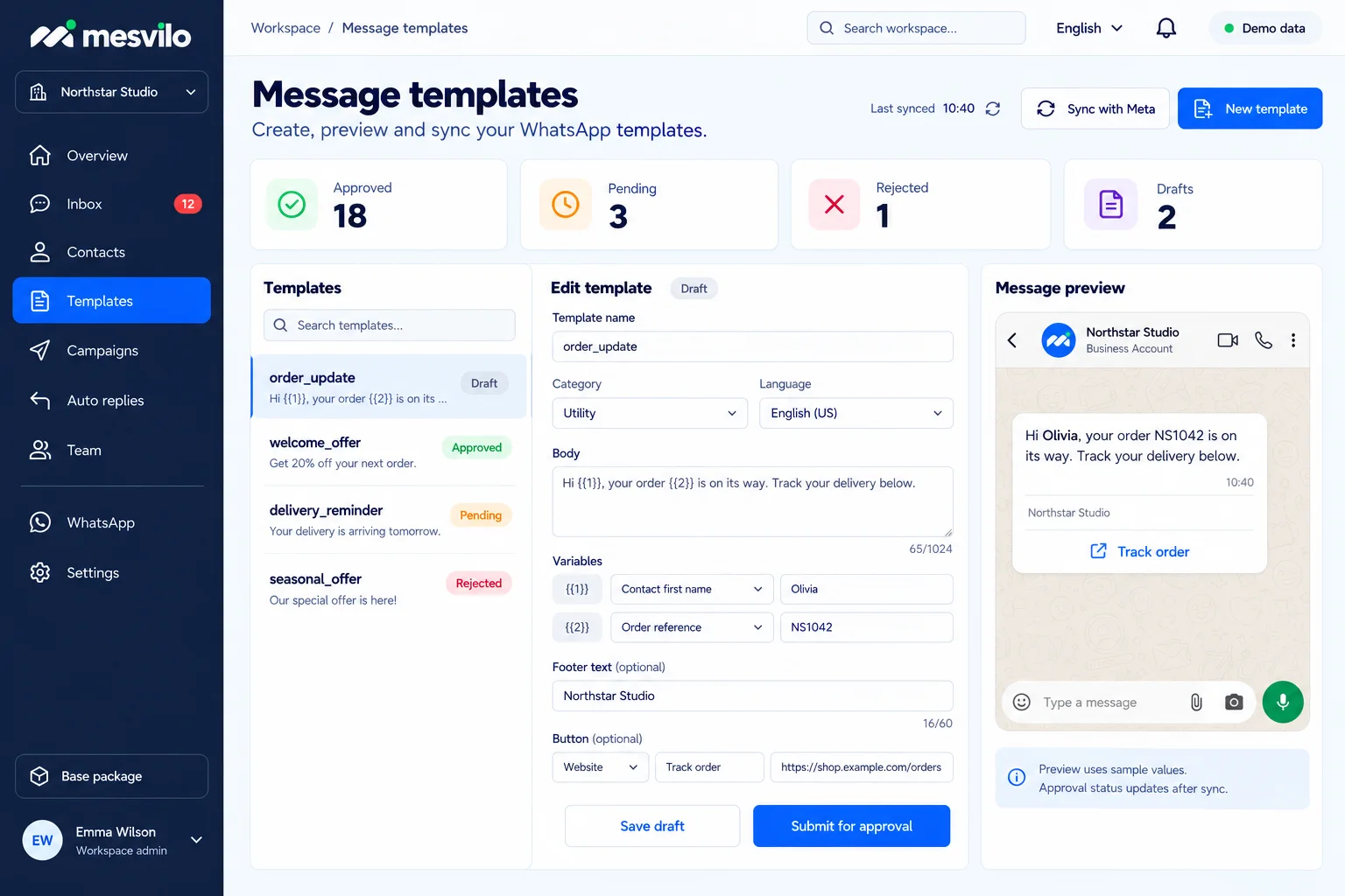 Create templates and submit them to Meta