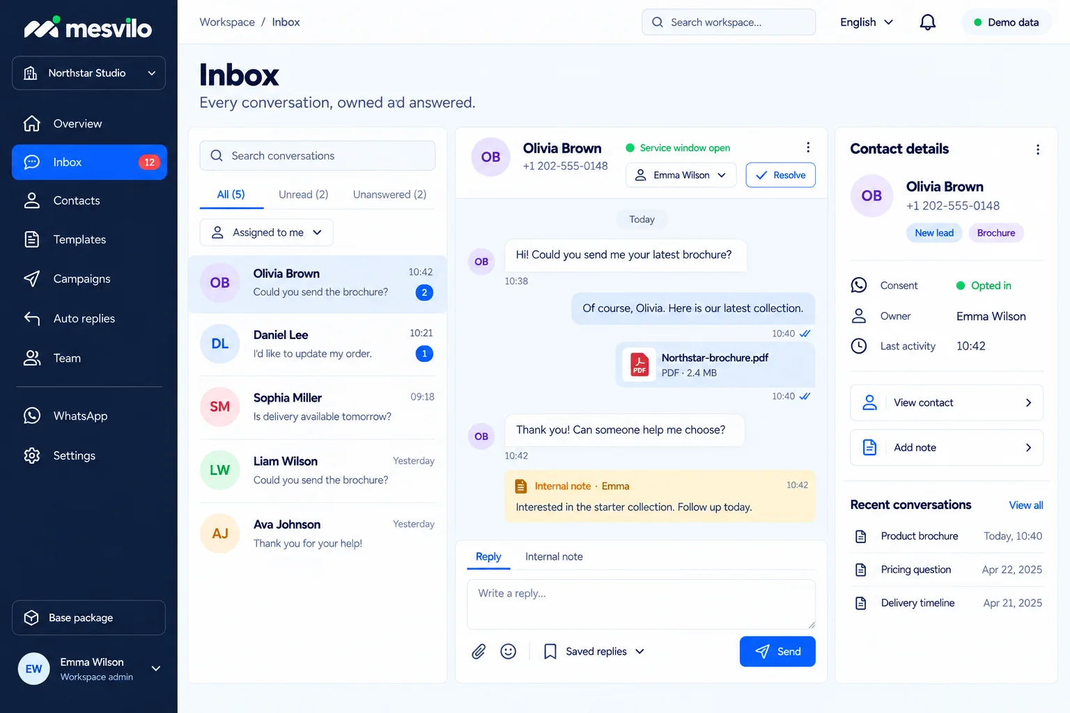 Shared inbox with assignment, notes and the 24-hour window
