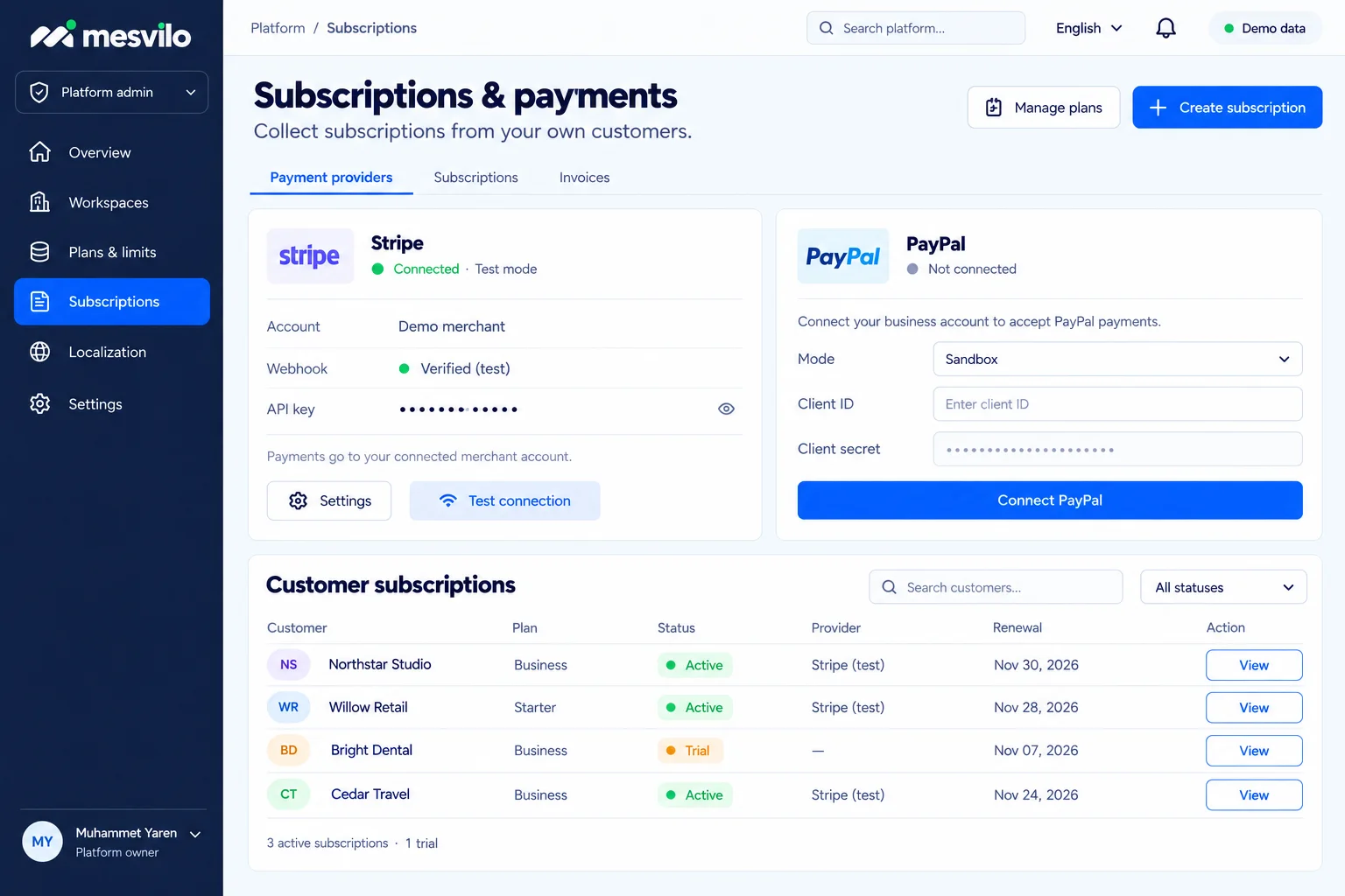 Subscriptions and payments screen with Stripe and PayPal