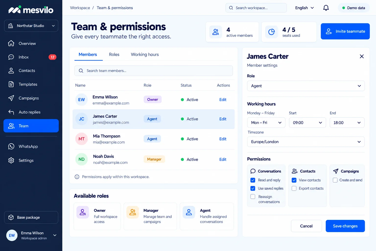 Roles, permissions and working hours